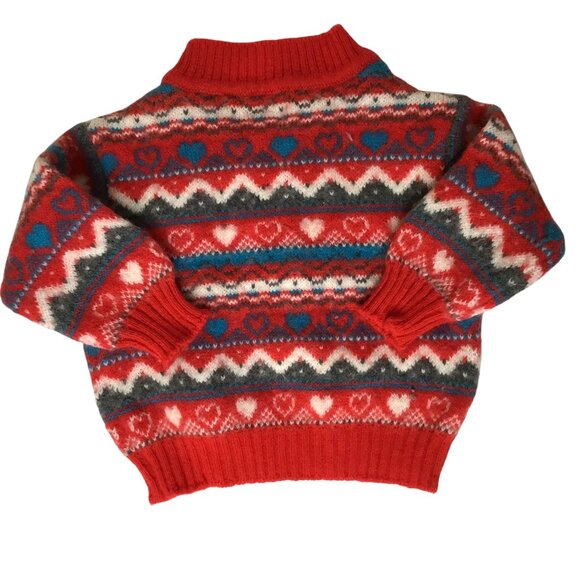 BENETTON 012 Italy Toddler Sweater Red Knit Fair Isle Hearts Wool Blend 2T VBC - Picture 5 of 7
